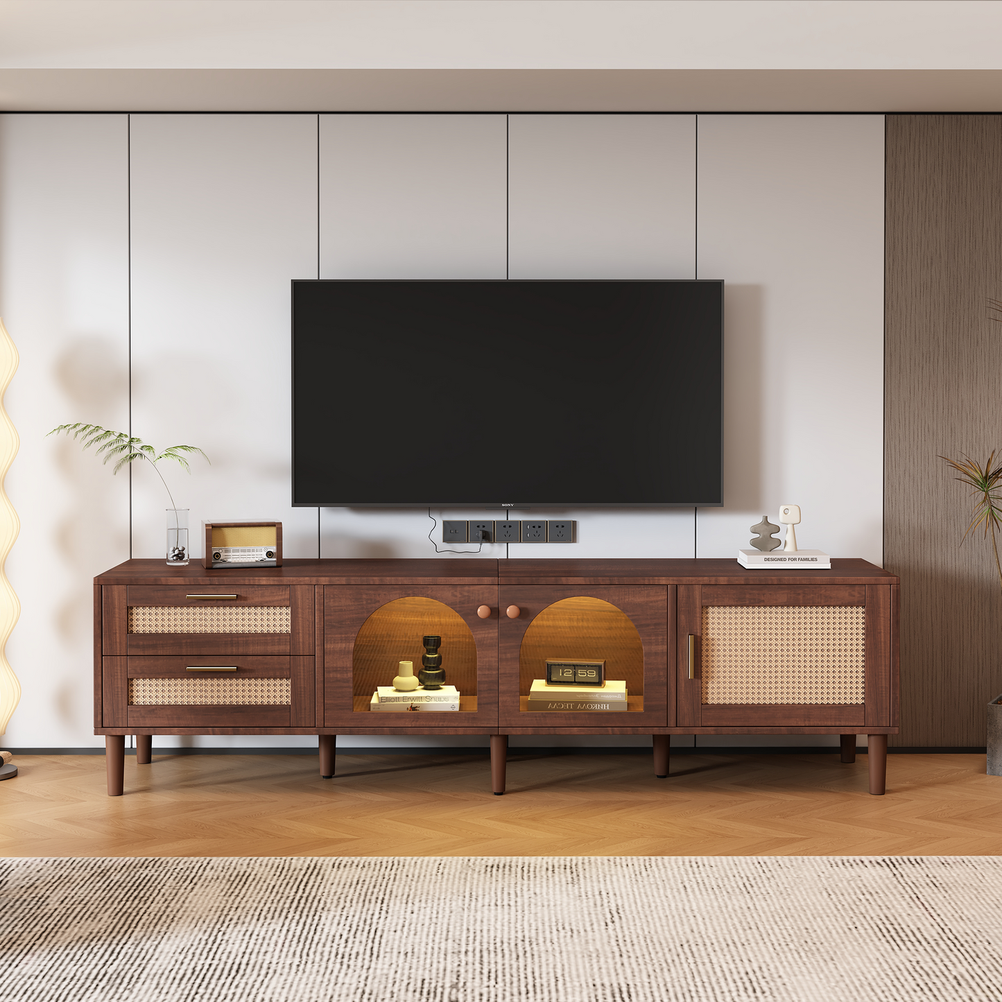 180cm Brown TV Cabinet with Rattan Drawers, Glass Doors, and LED Lighting