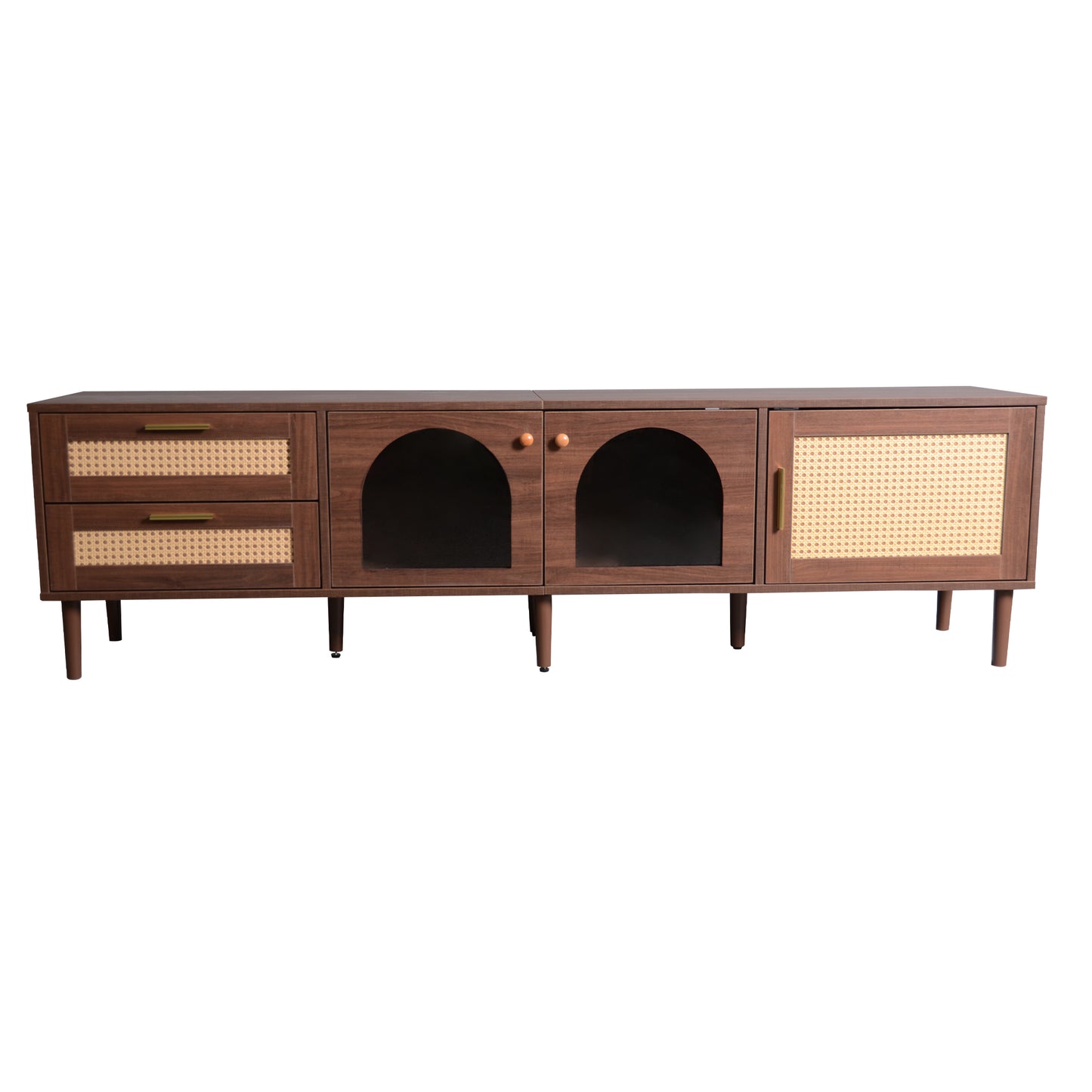 180cm Brown TV Cabinet with Rattan Drawers, Glass Doors, and LED Lighting