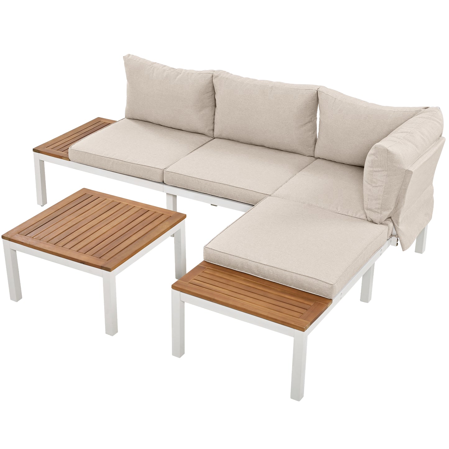 Garden lounge chair set, galvanized steel frame (2 double seats, 2 side tables, 1 table), acacia top, fabric back cover