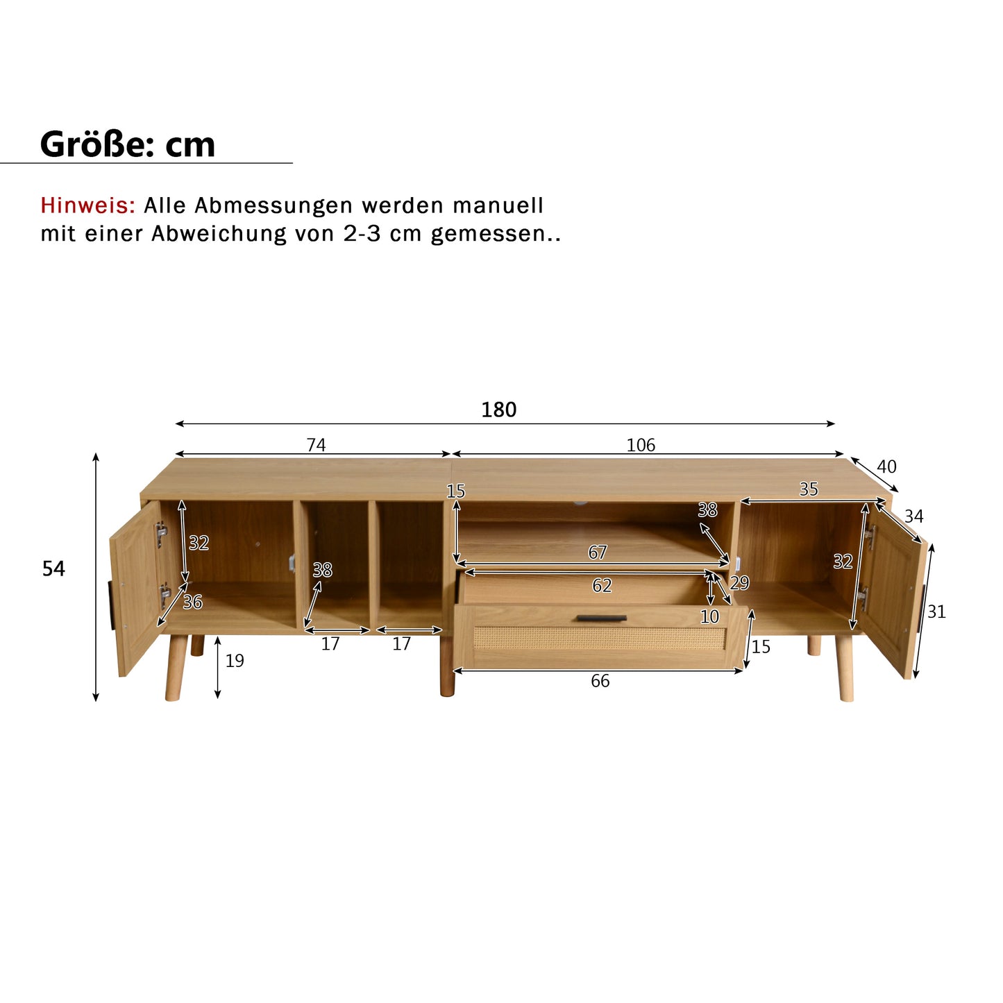 Rattan-Decorated 180cm Solid Wood TV Cabinet with Storage