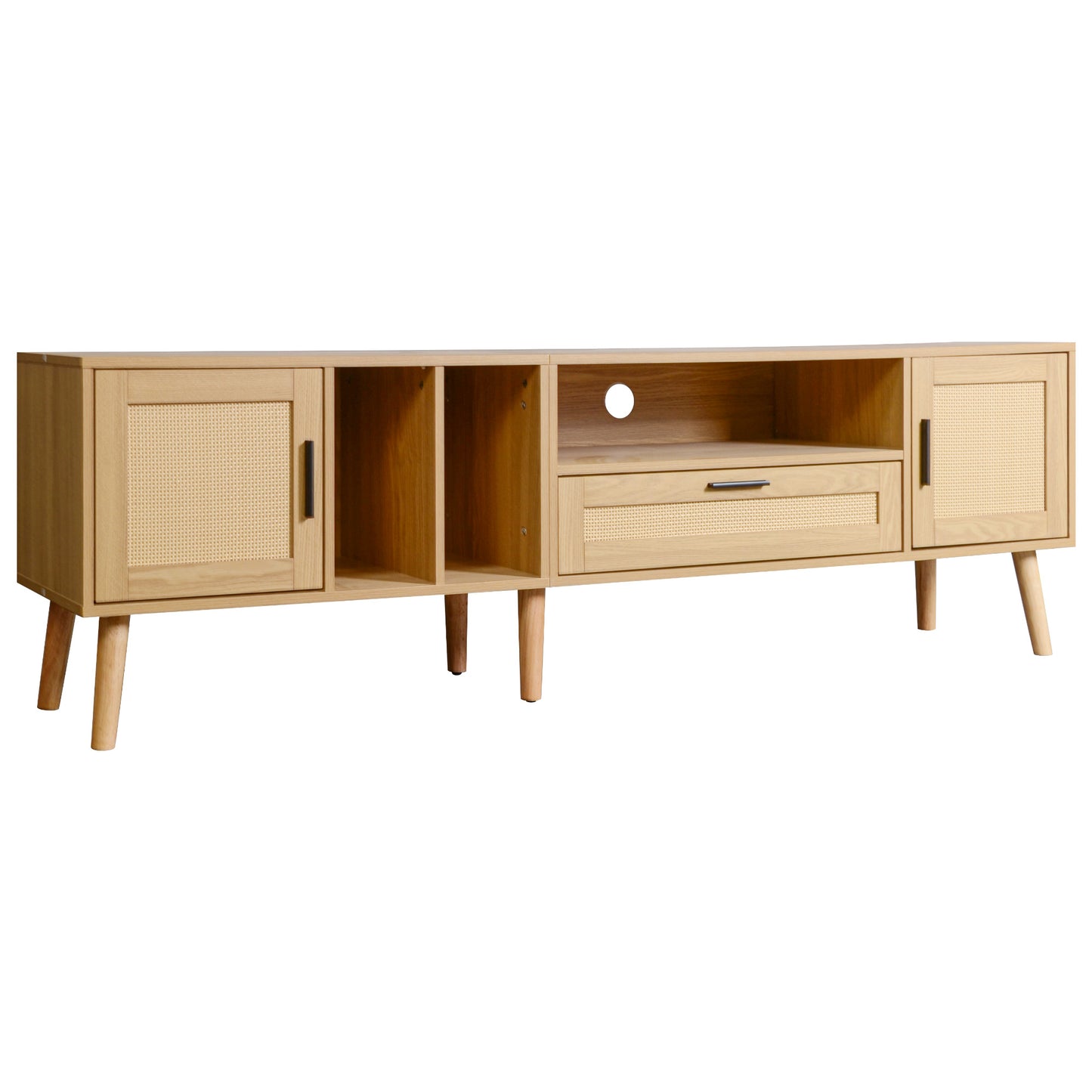 Rattan-Decorated 180cm Solid Wood TV Cabinet with Storage