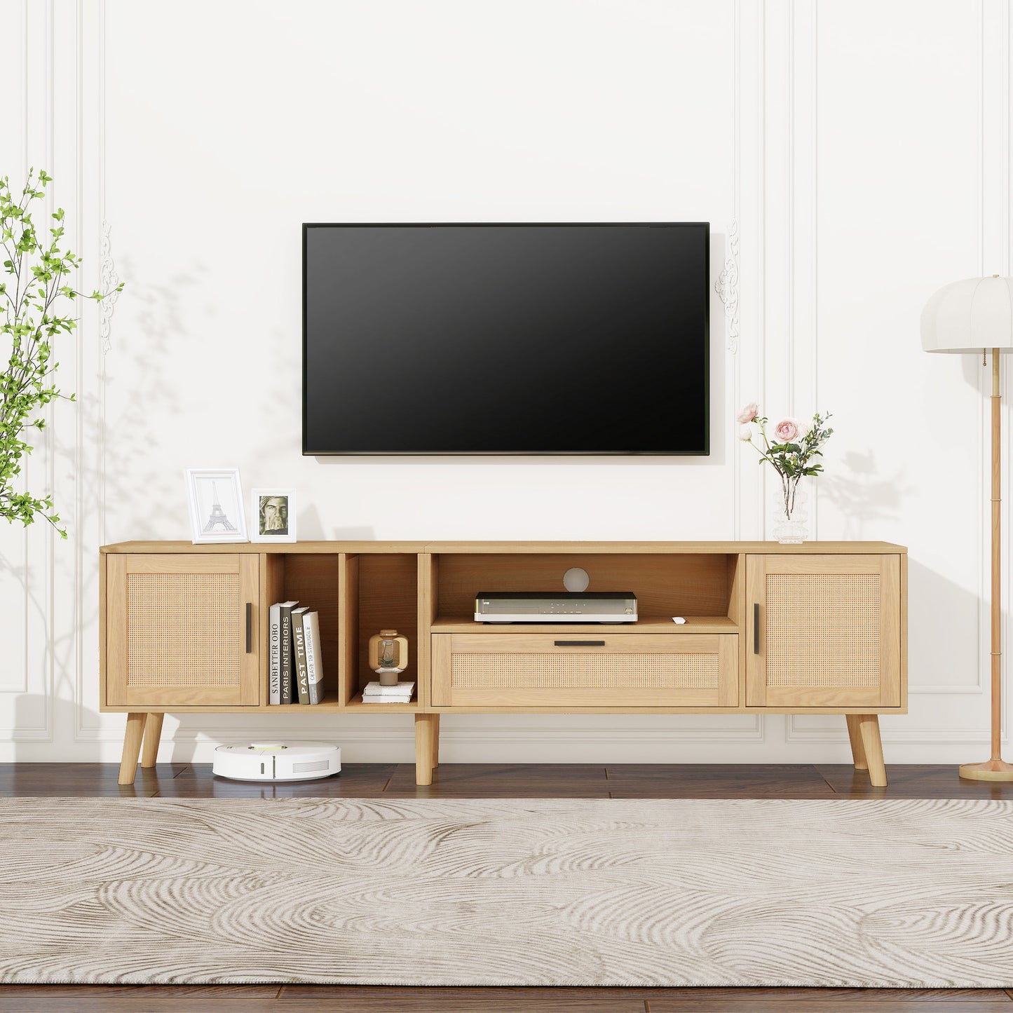 Rattan-Decorated 180cm Solid Wood TV Cabinet with Storage