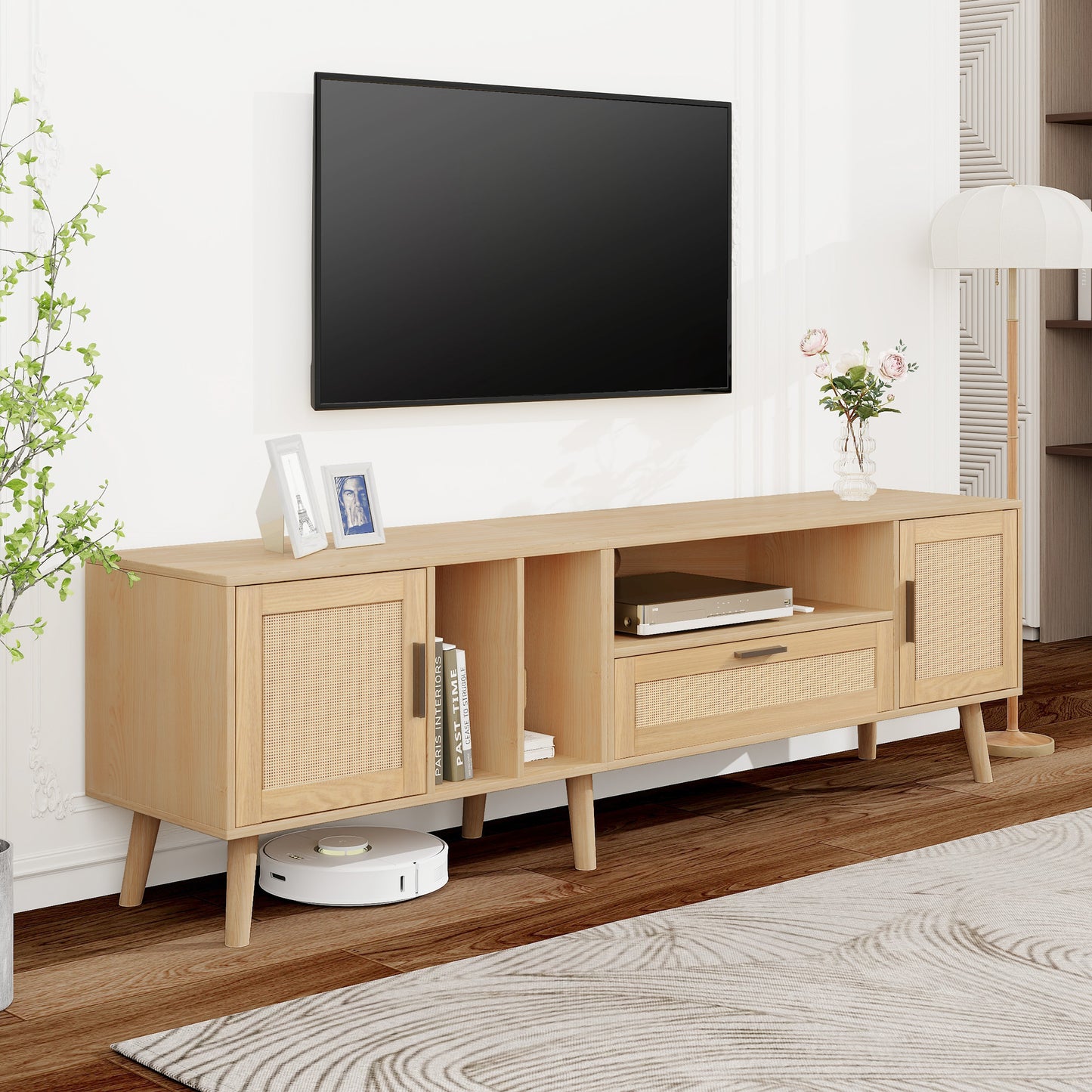 Rattan-Decorated 180cm Solid Wood TV Cabinet with Storage