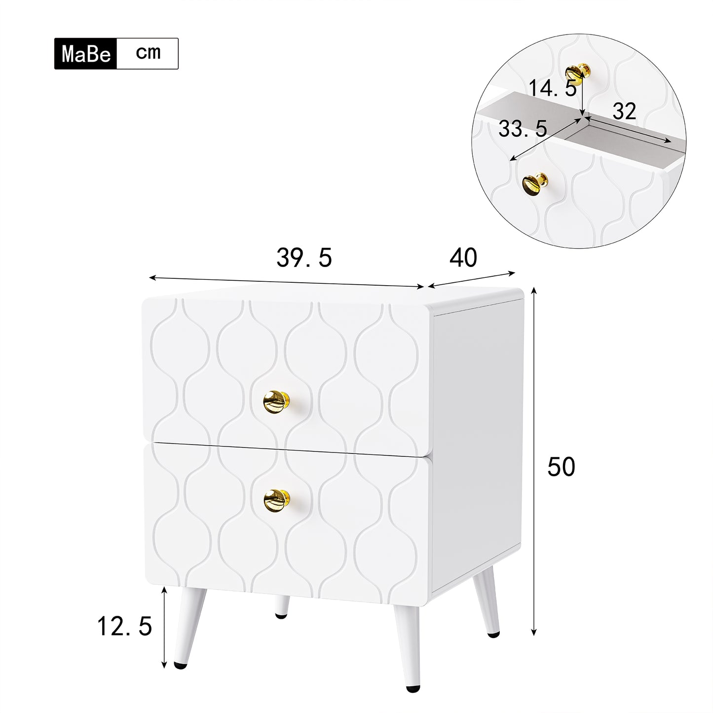 Stylish Modern White Bedside Tables with Gold Accents,Two-pack