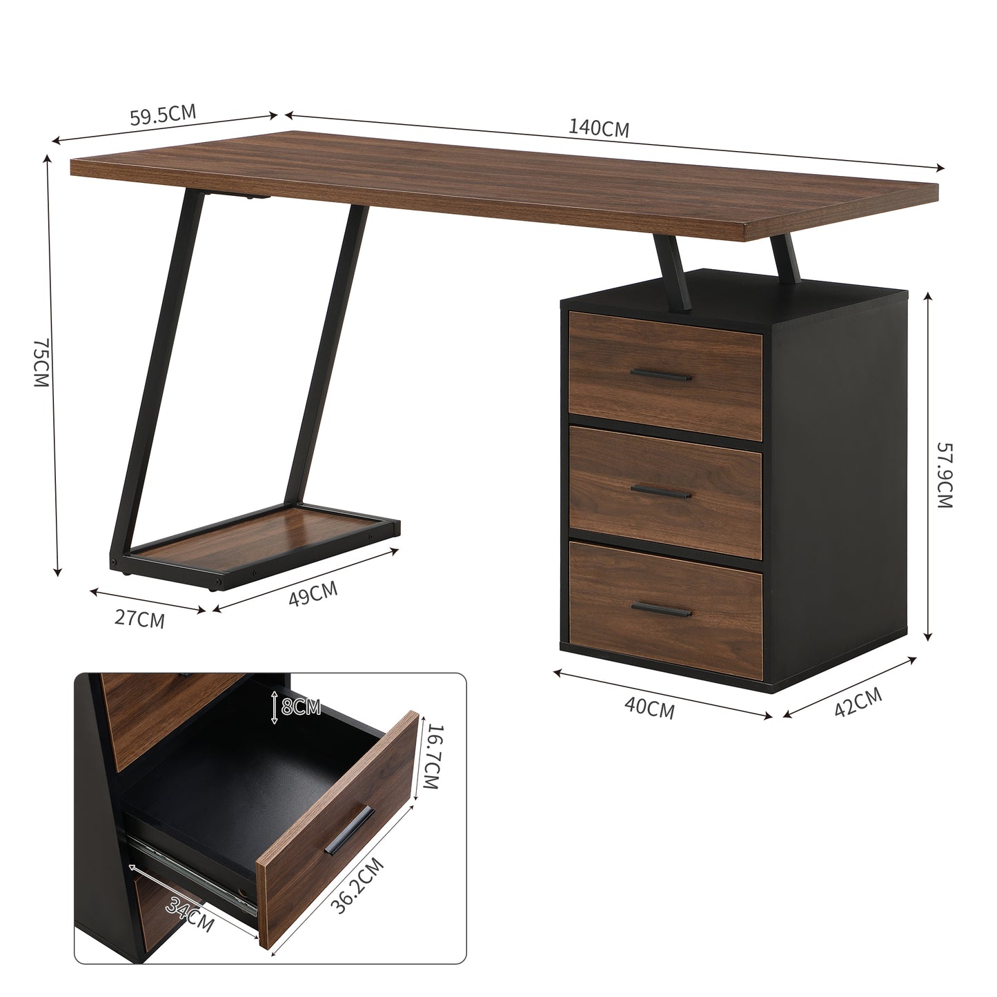 140cm Industrial Style Office Work Table with 3 Drawers