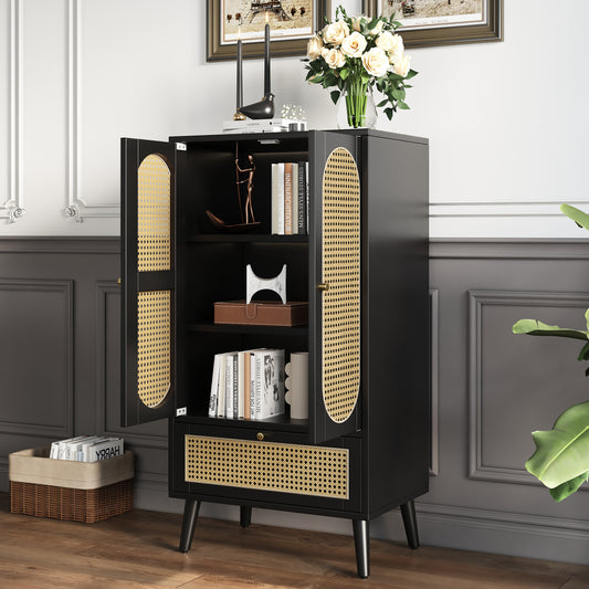 Black Rattan Compact Sideboard with 2 Doors and 1 Drawer - Versatile Storage for Dining and Living Spaces