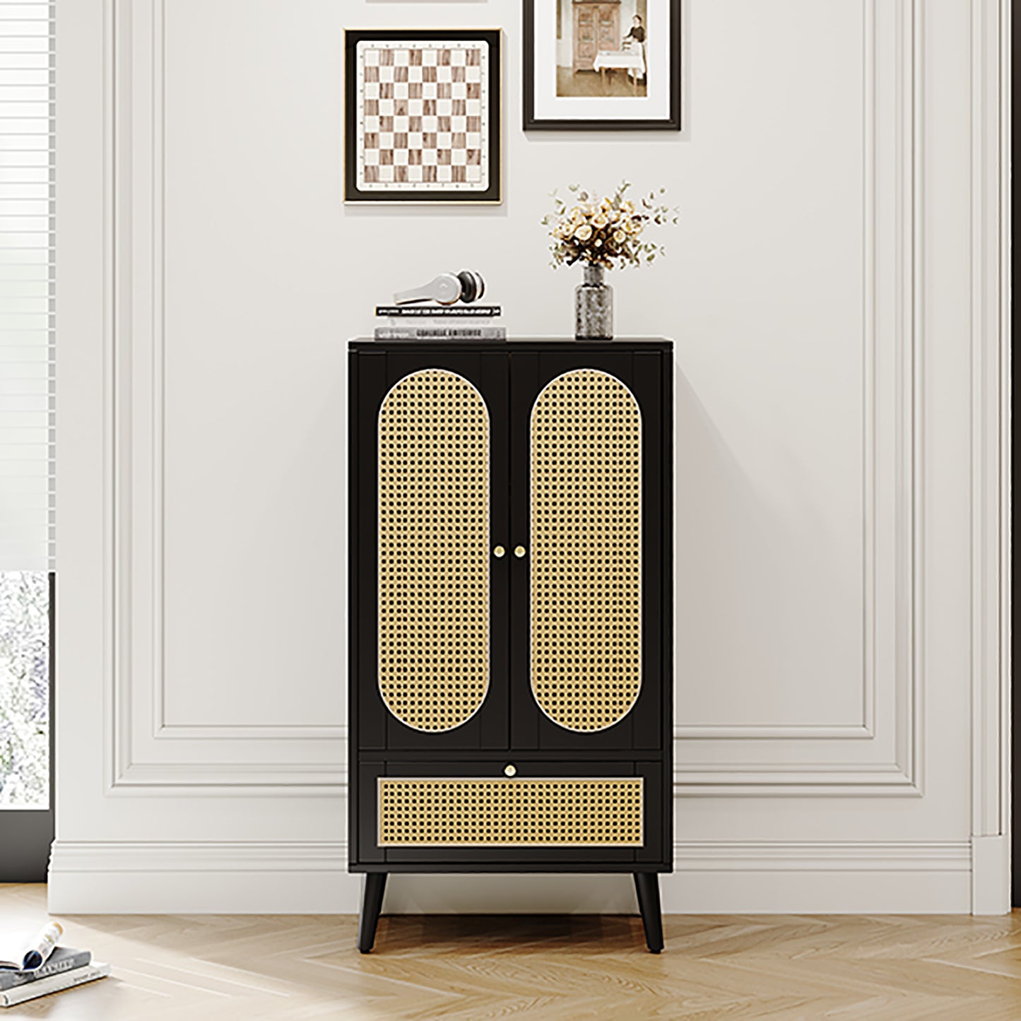 Black Rattan Compact Sideboard with 2 Doors and 1 Drawer - Versatile Storage for Dining and Living Spaces