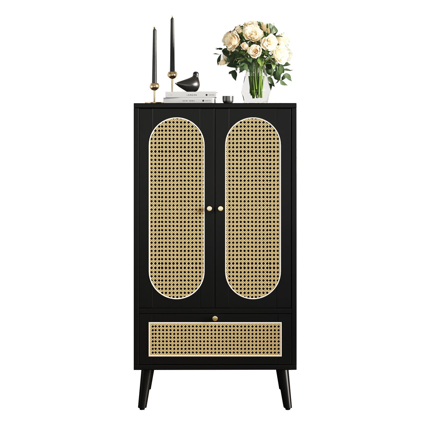 Black Rattan Compact Sideboard with 2 Doors and 1 Drawer - Versatile Storage for Dining and Living Spaces