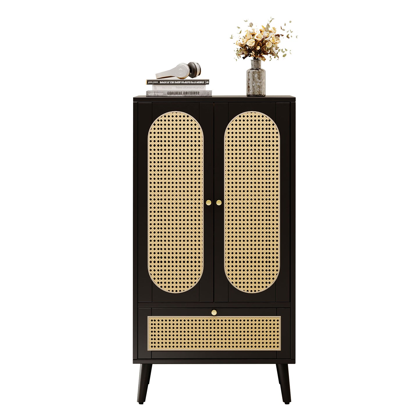 Black Rattan Compact Sideboard with 2 Doors and 1 Drawer - Versatile Storage for Dining and Living Spaces