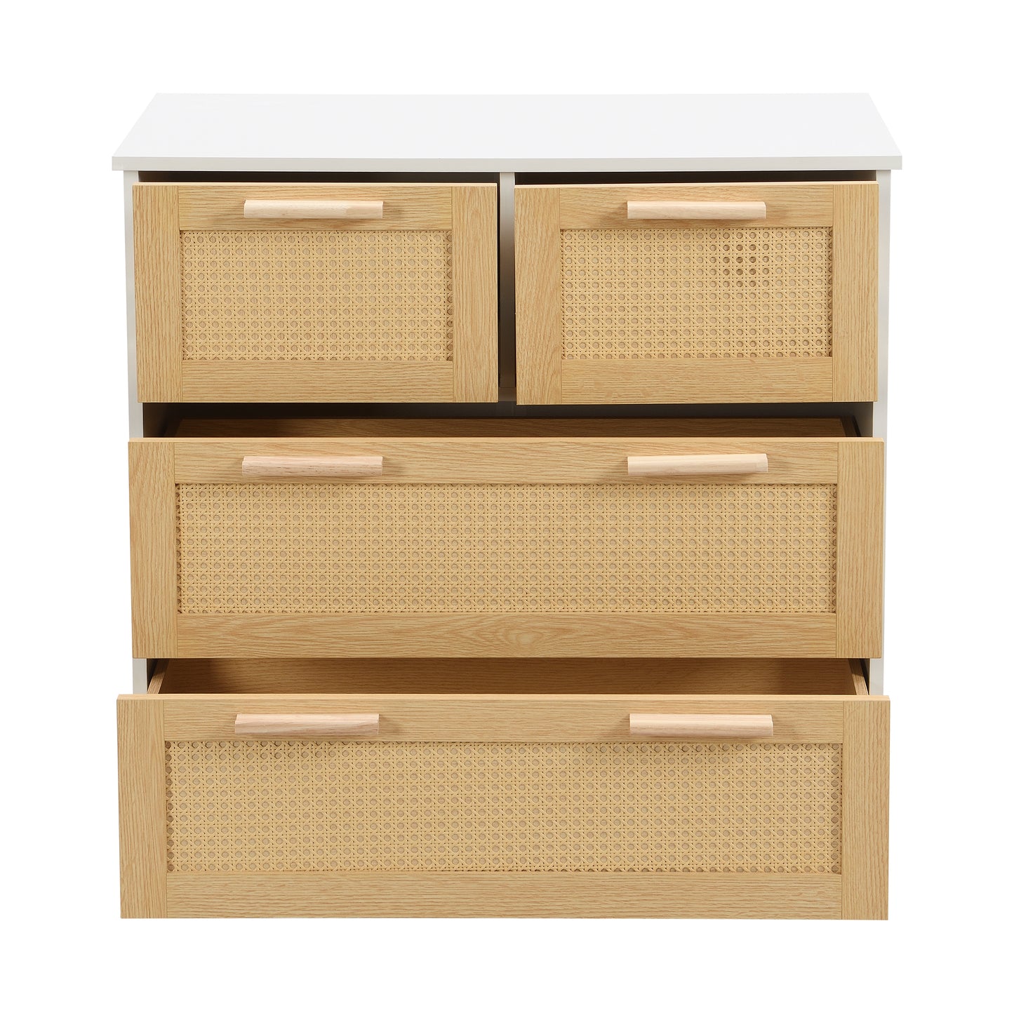 Elegant 4-Drawer Rattan Cabinet with Solid Wood Handles - Versatile Storage for Home