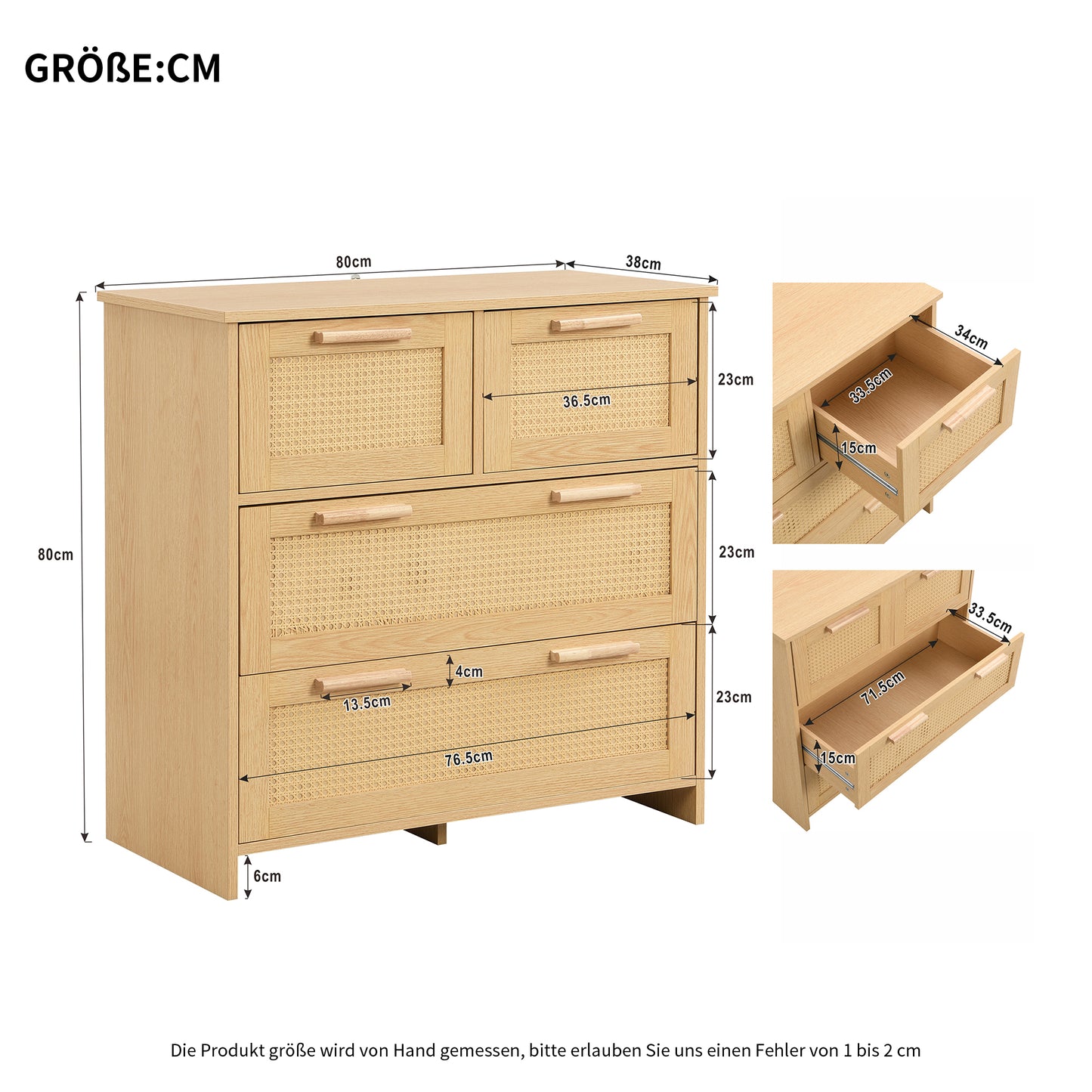 Premium 4-Drawer Rattan Cabinet with Solid Wood Handles - Versatile Storage for Home