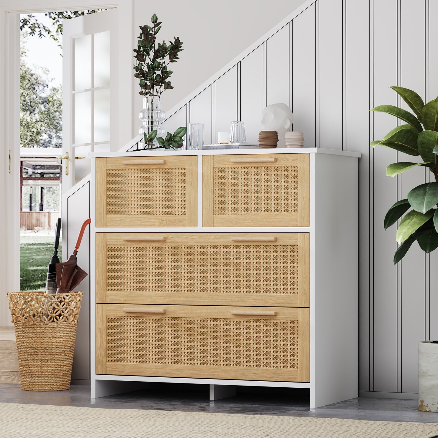 Elegant 4-Drawer Rattan Cabinet with Solid Wood Handles - Versatile Storage for Home