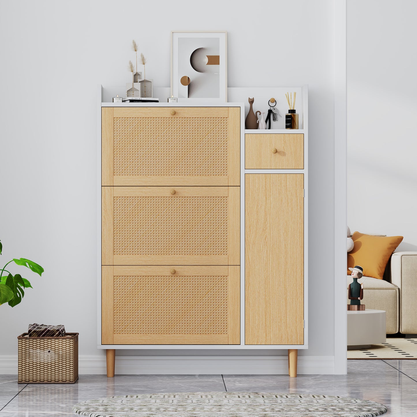 Space-Saving Rattan Shoe Cabinet with 3 Tilt Doors and 1 Drawer