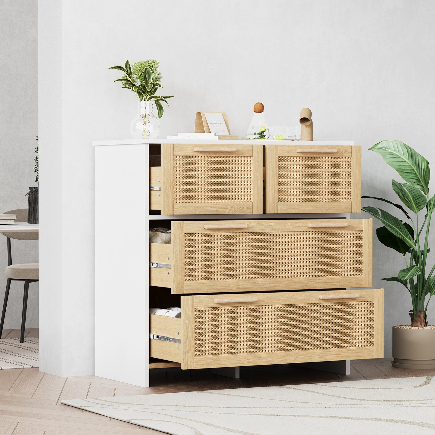 Elegant 4-Drawer Rattan Cabinet with Solid Wood Handles - Versatile Storage for Home