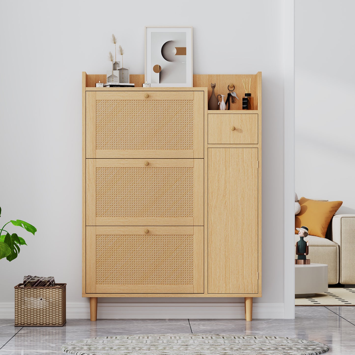 Compact Rattan Shoe Cabinet with 3 Tilt Doors and 1 Drawer