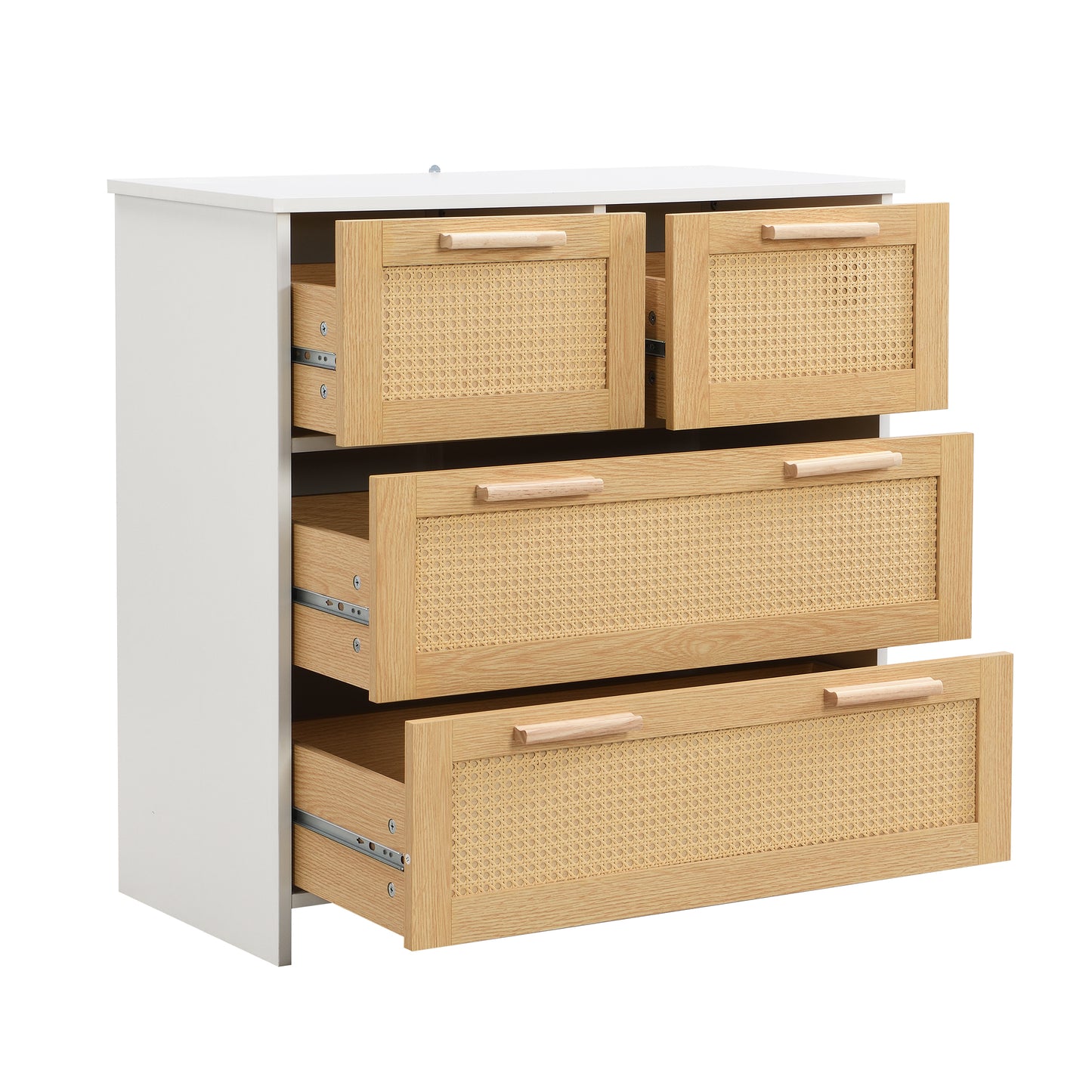 Elegant 4-Drawer Rattan Cabinet with Solid Wood Handles - Versatile Storage for Home