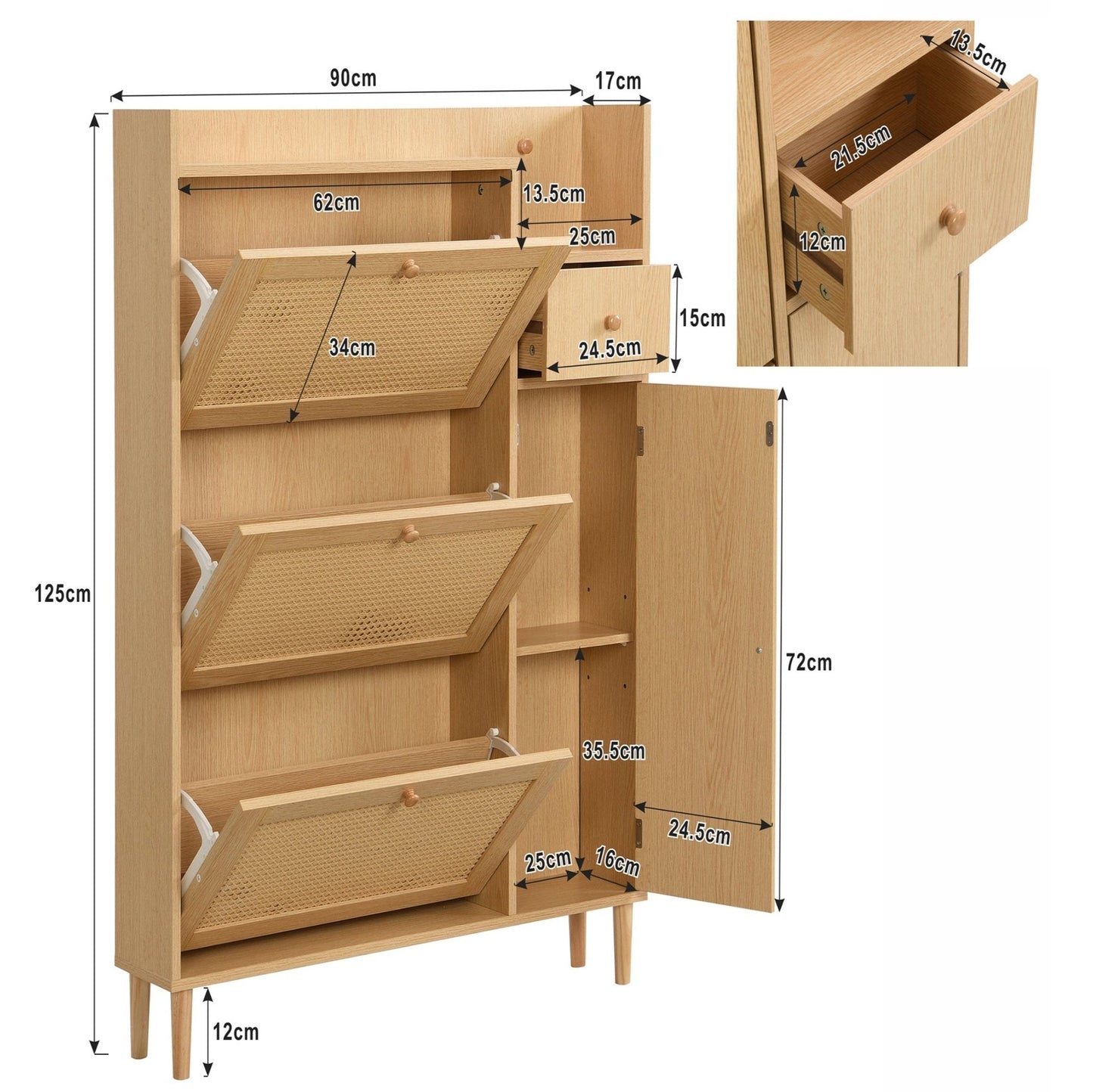 Compact Rattan Shoe Cabinet with 3 Tilt Doors and 1 Drawer