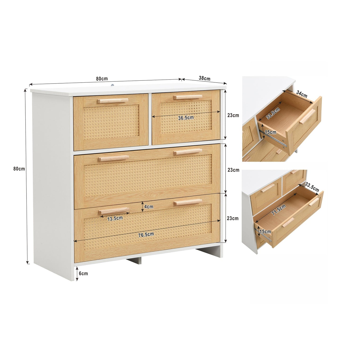 Elegant 4-Drawer Rattan Cabinet with Solid Wood Handles - Versatile Storage for Home