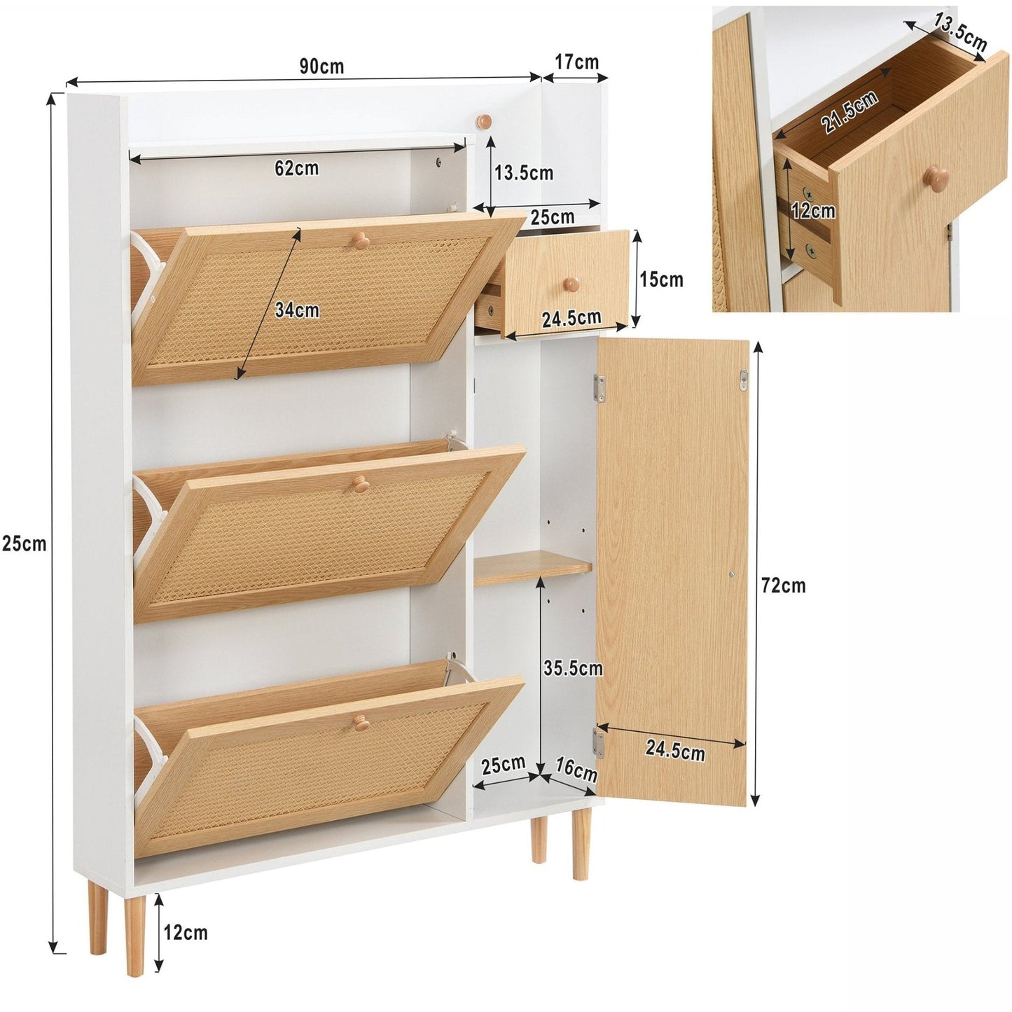 Space-Saving Rattan Shoe Cabinet with 3 Tilt Doors and 1 Drawer