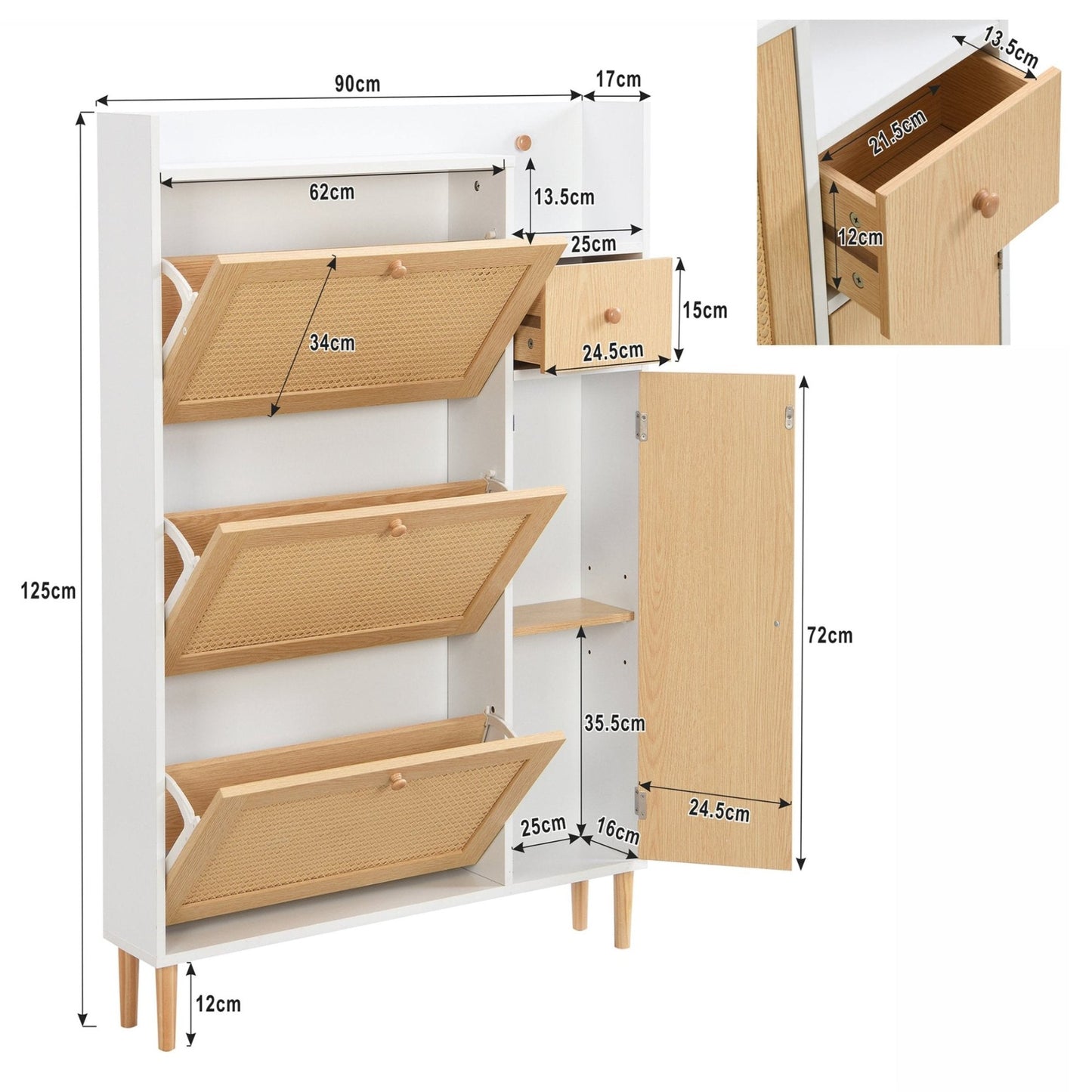 Space-Saving Rattan Shoe Cabinet with 3 Tilt Doors and 1 Drawer