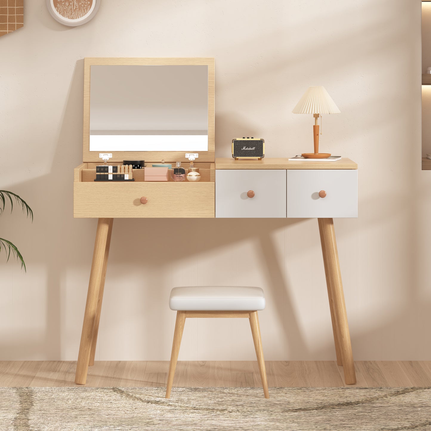 Elegant Wooden Dressing Table with Mirror and Ample Storage