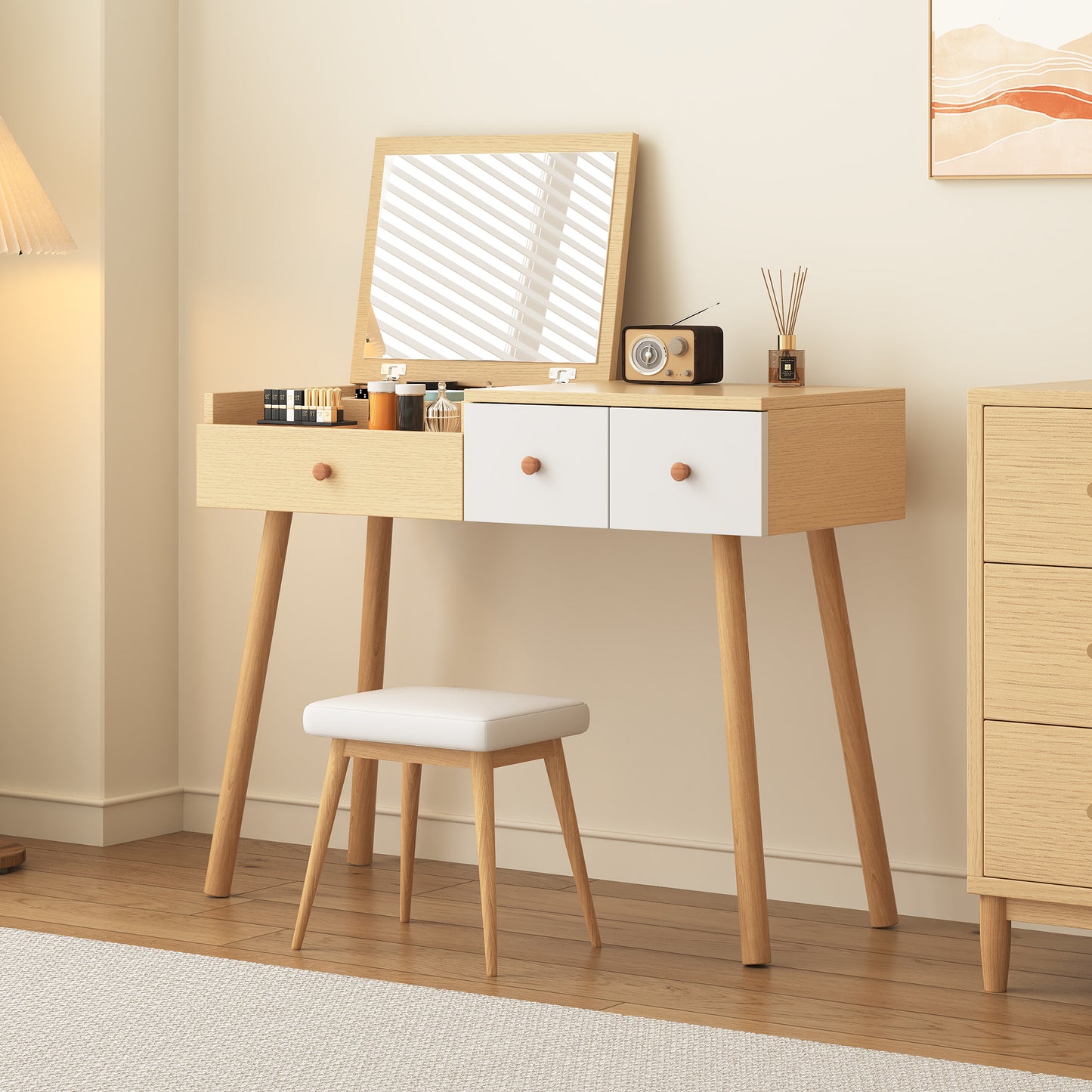 Elegant Wooden Dressing Table with Mirror and Ample Storage