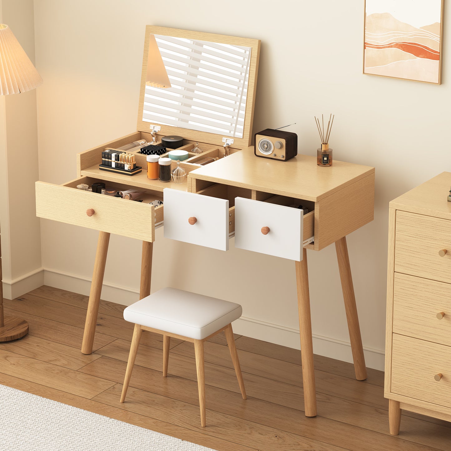 Elegant Wooden Dressing Table with Mirror and Ample Storage