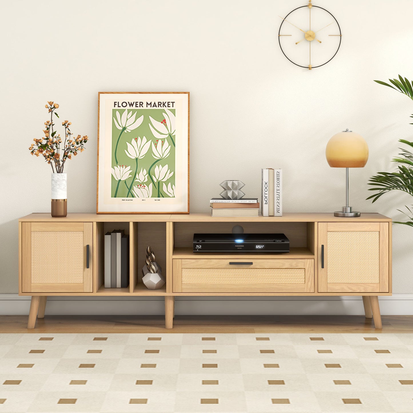 Rattan-Decorated 180cm Solid Wood TV Cabinet with Storage