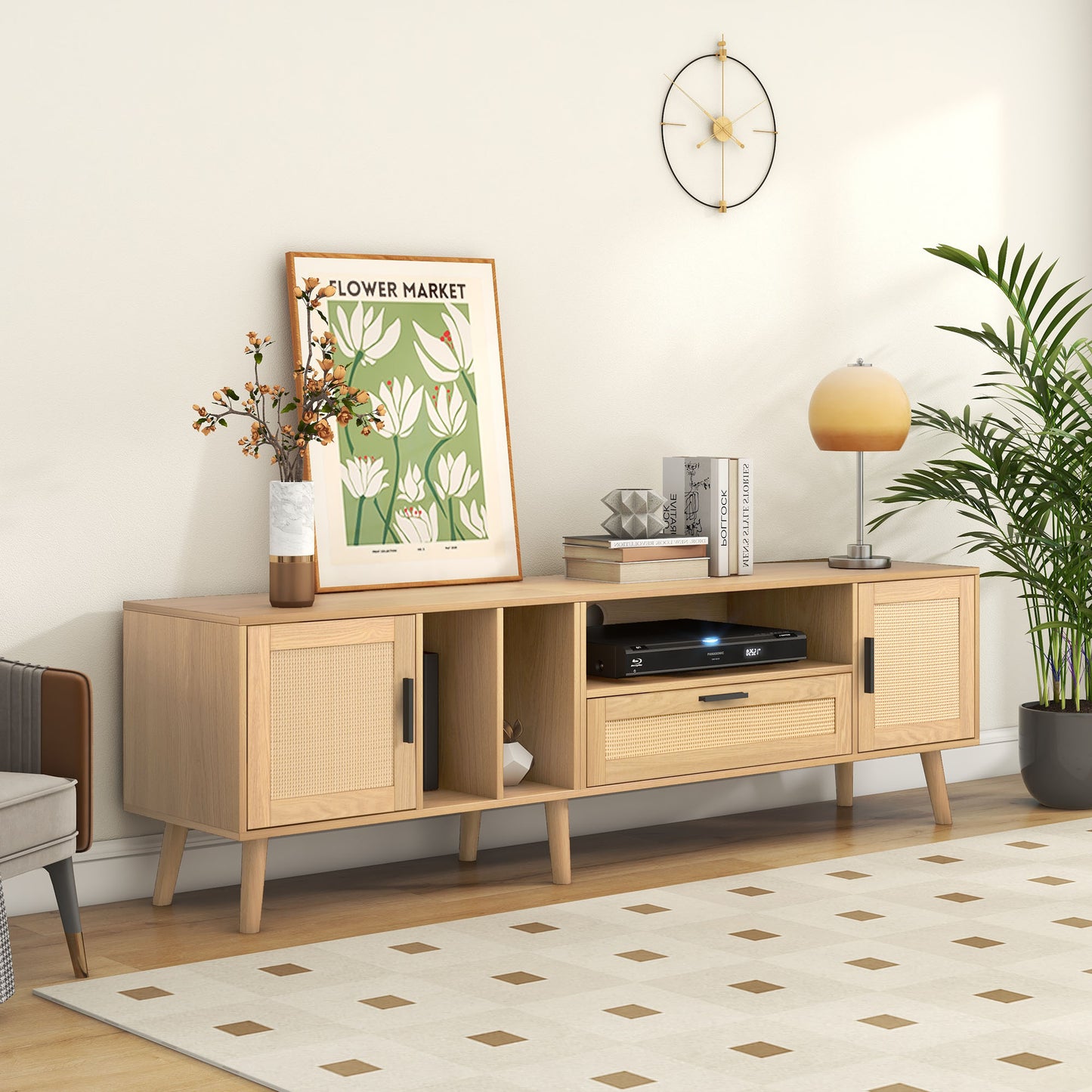 Rattan-Decorated 180cm Solid Wood TV Cabinet with Storage