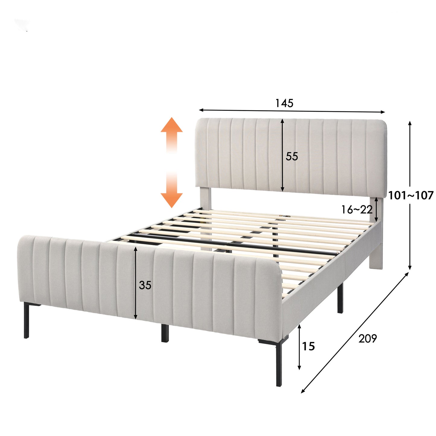 (Z) Gray Beige Linen Double Bed Frame with Adjustable Headboard and Slatted Base