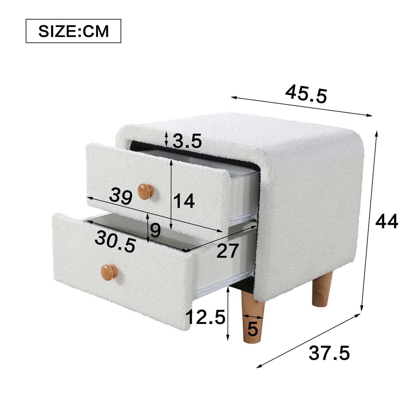 Elegant White Upholstered Bedside Table with Silent Glide Drawers