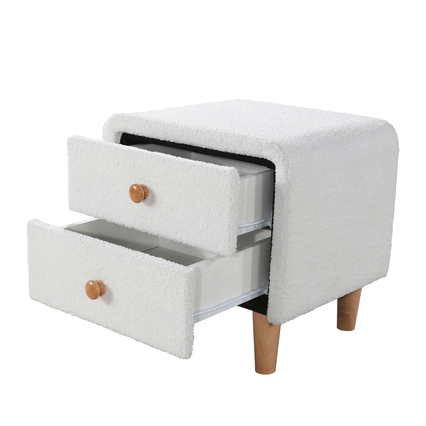 Elegant White Upholstered Bedside Table with Silent Glide Drawers