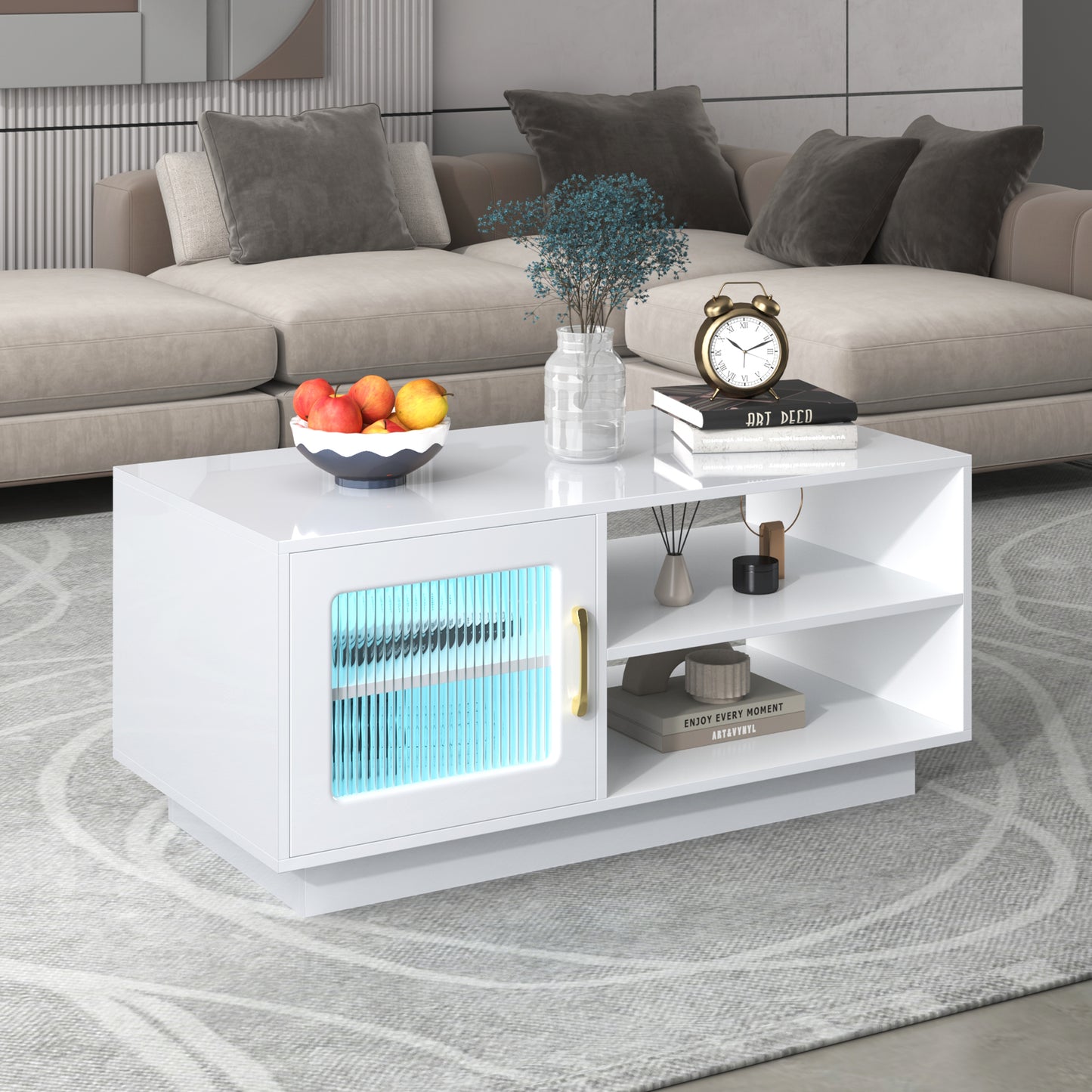 (Z)High-Gloss Coffee Table Living Room Table With Glass Door Open Storage Space LED Lighting Effects Controllable Via Mobile App