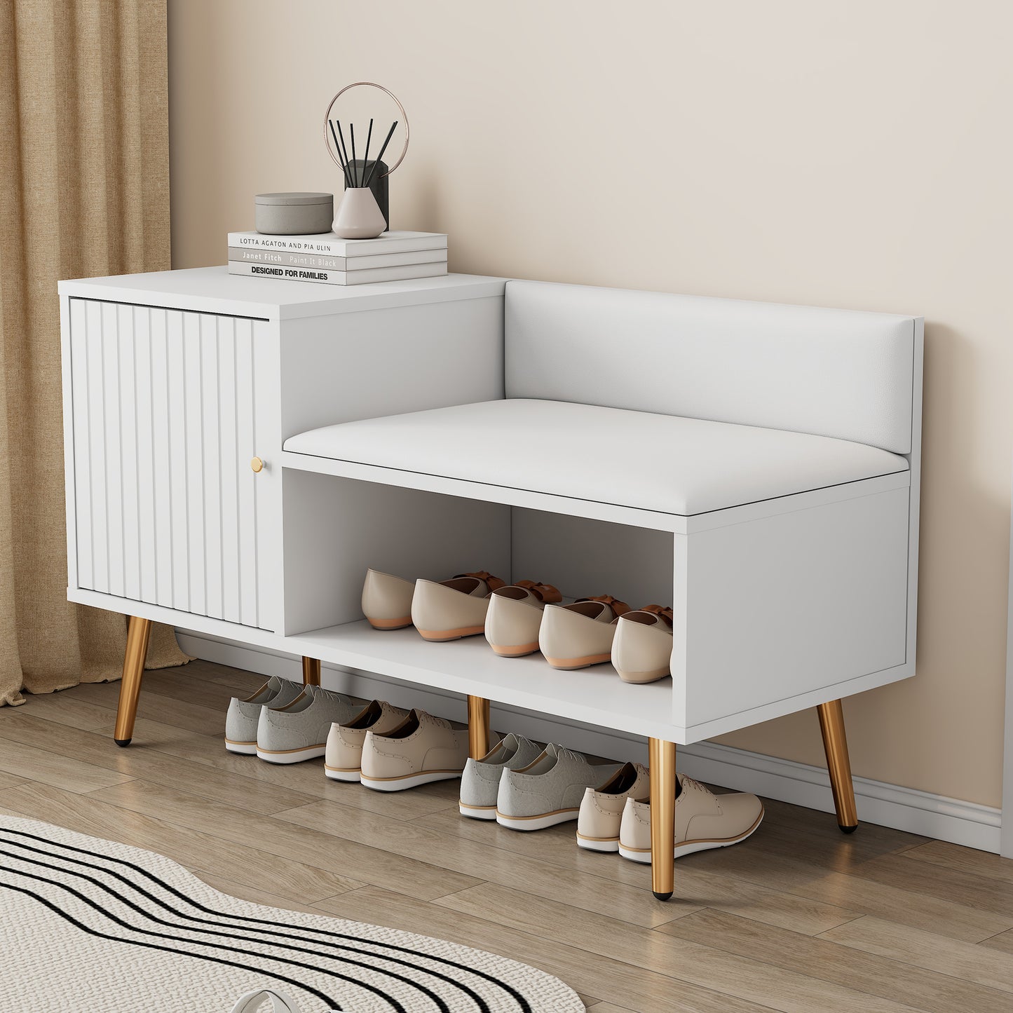 Modern Luxurious White Shoe Chest with Padded Bench and Ample Storage