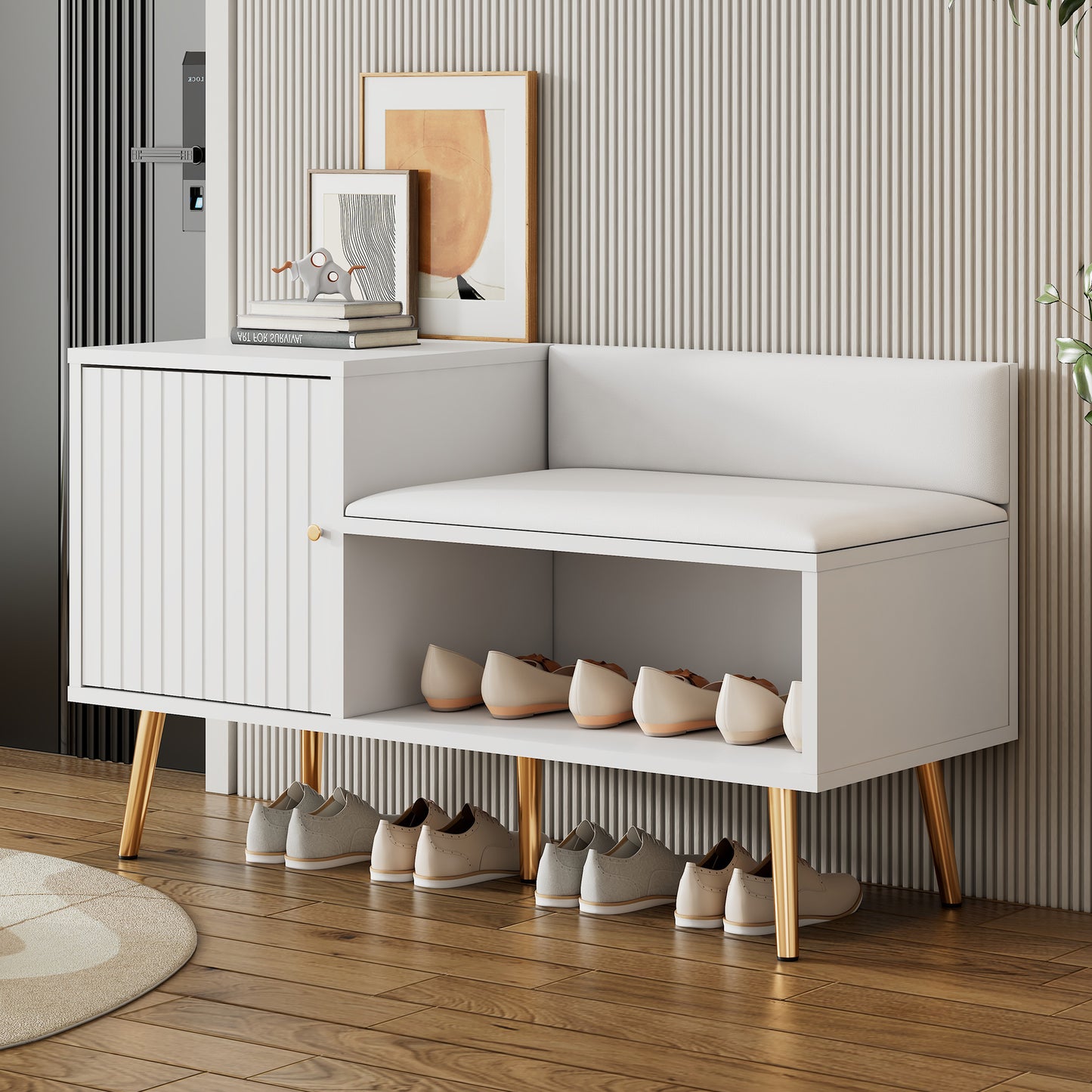 Modern Luxurious White Shoe Chest with Padded Bench and Ample Storage