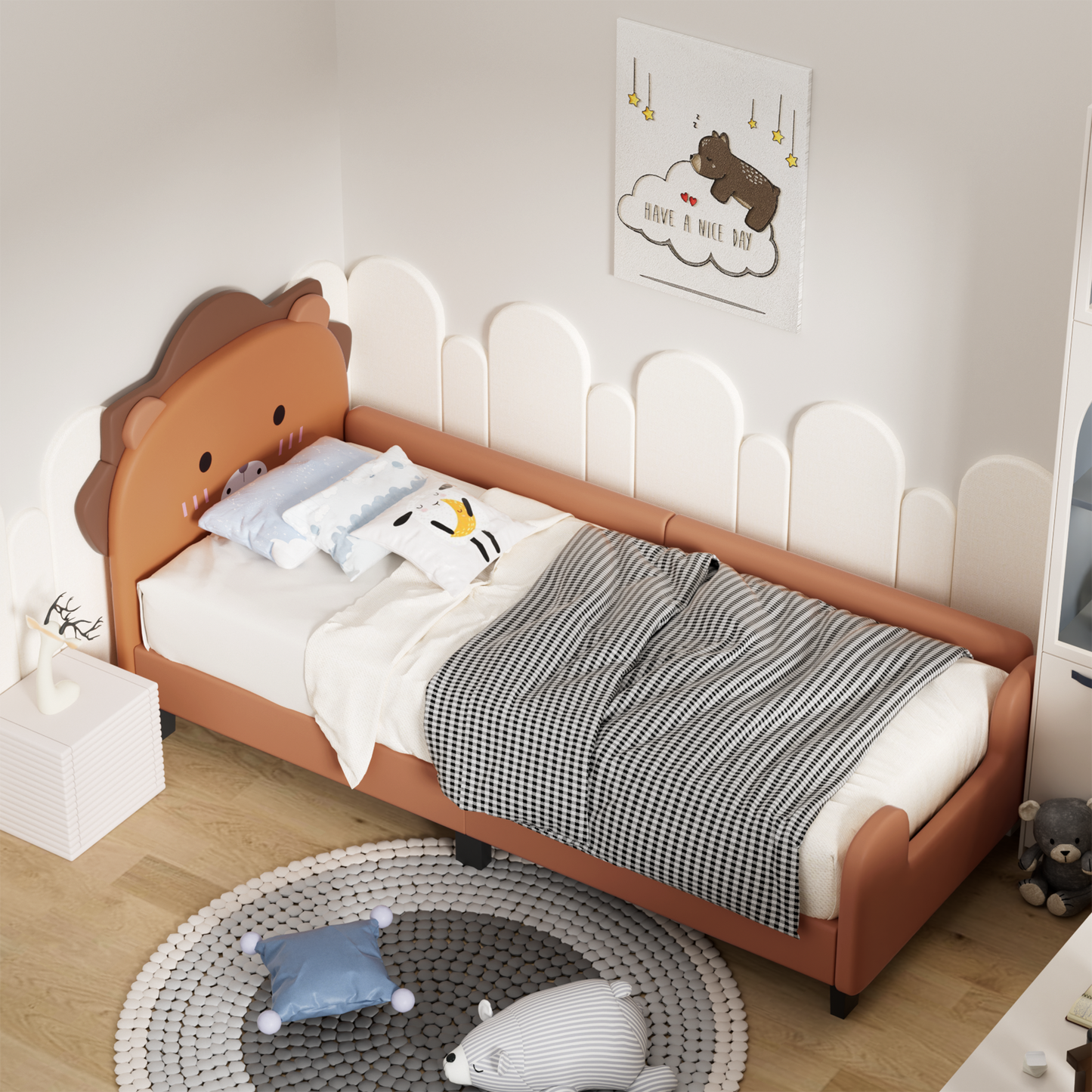 Orange PU Lion Shape Children's Bed 90x200 with Slatted Frame