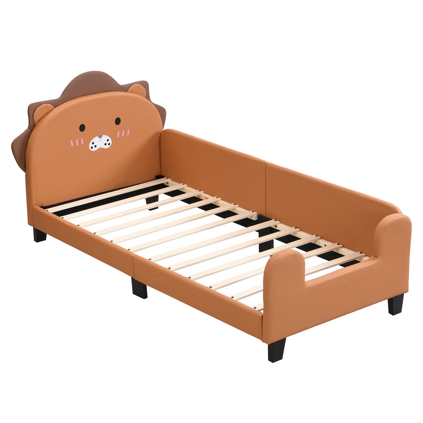 Orange PU Lion Shape Children's Bed 90x200 with Slatted Frame