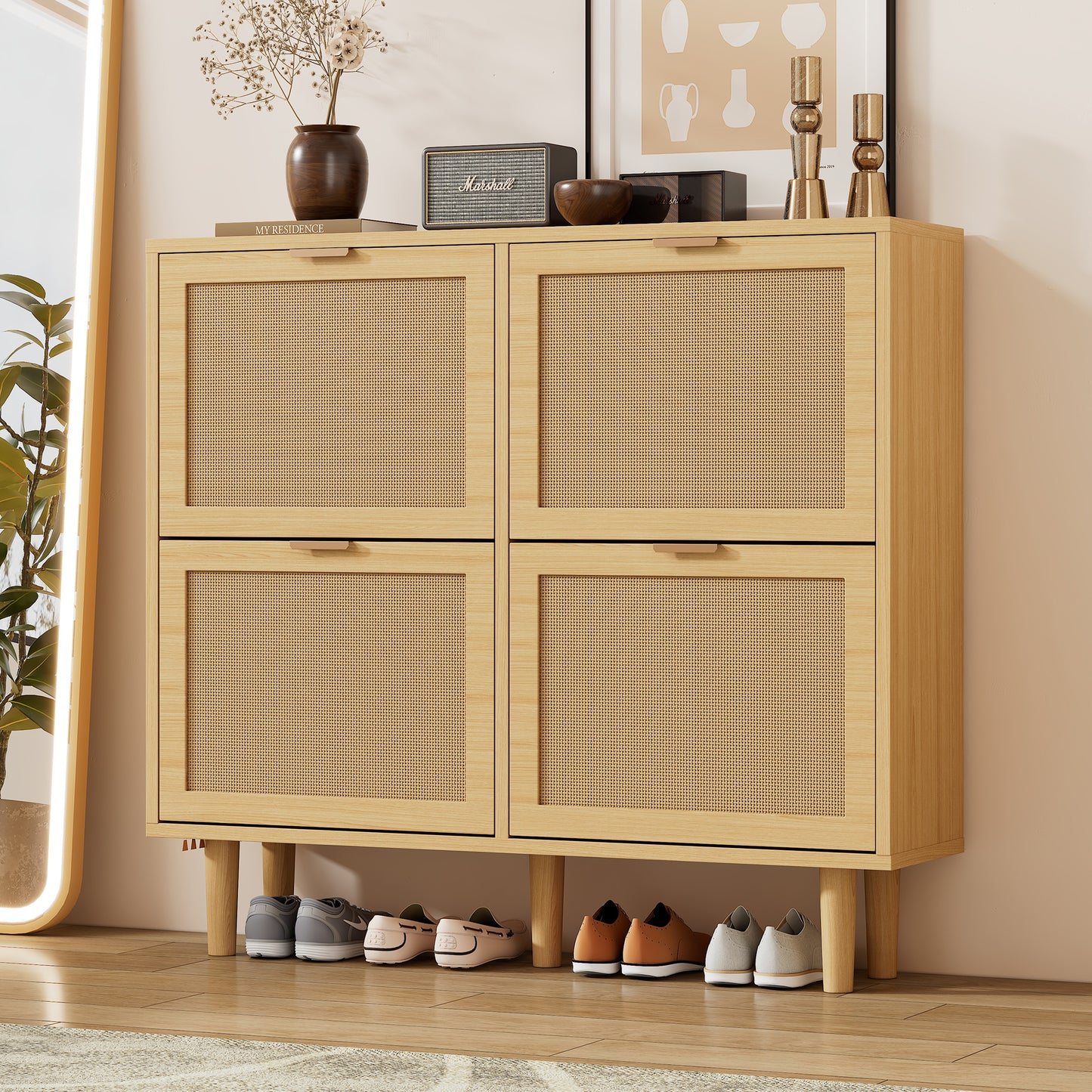 Rattan Shoe Cabinet with Metal Handles and Folding Drawers