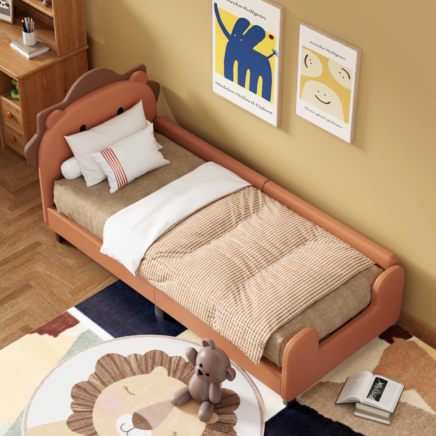 Orange PU Lion Shape Children's Bed 90x200 with Slatted Frame