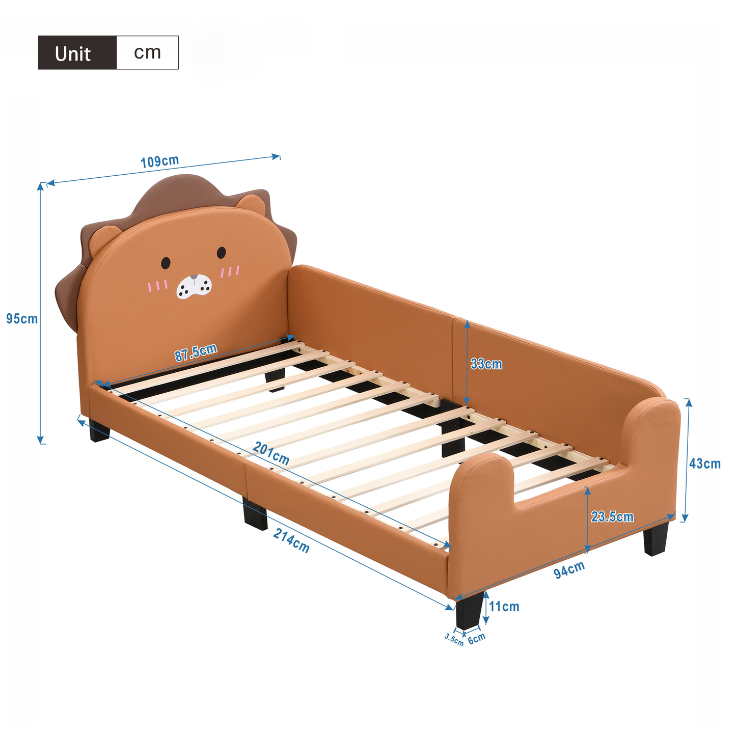 Orange PU Lion Shape Children's Bed 90x200 with Slatted Frame