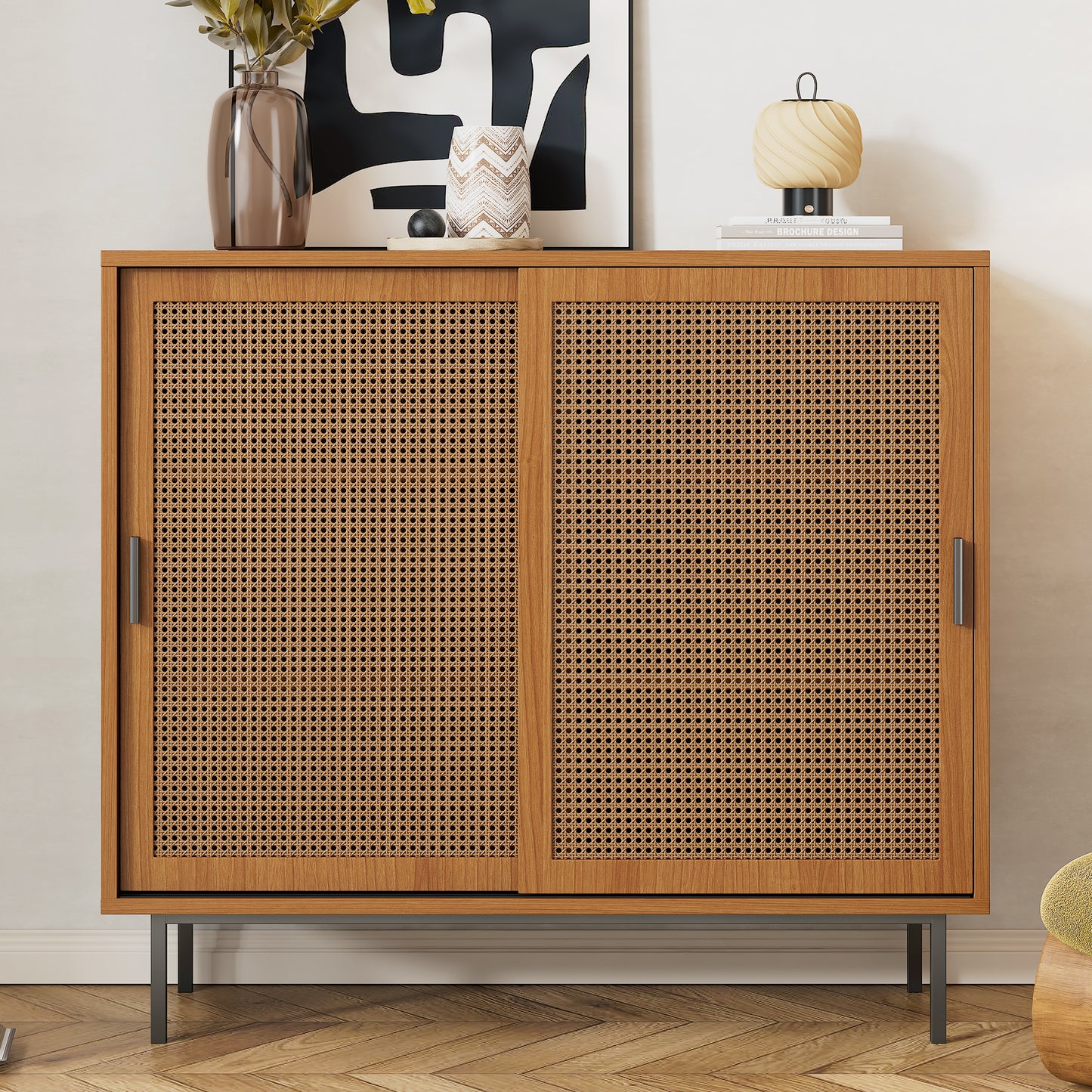 Country Style Sliding Door Sideboard with Adjustable Shelves