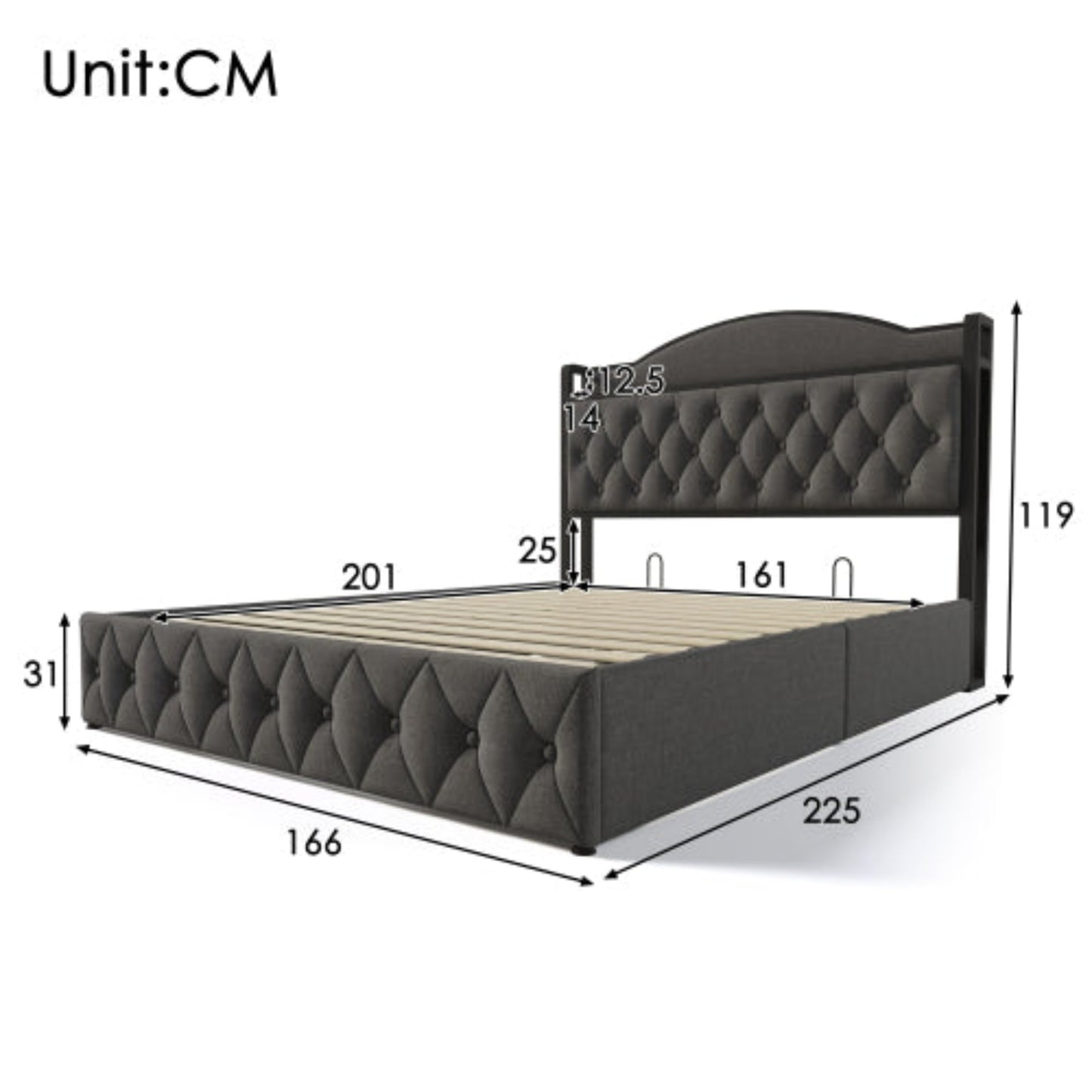 Grey Upholstered Double Bed with USB Charging, Storage, Slatted Metal Frame -Mattress Not Included