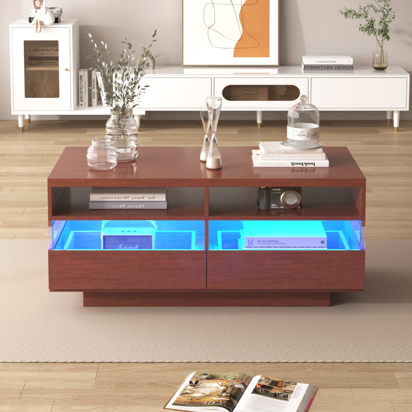 (Z)Coffee Table Living Room Table With Two Storage Compartments And Two Drawers Reflective Acrylic Lamps Unique Visual Effect