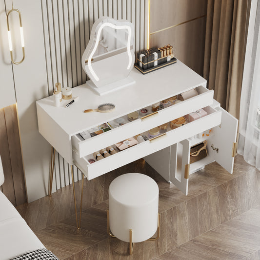 Modern White Vanity Table with Extendable Design and 3-Color LED Mirror - Stylish Bedroom Dressing Table