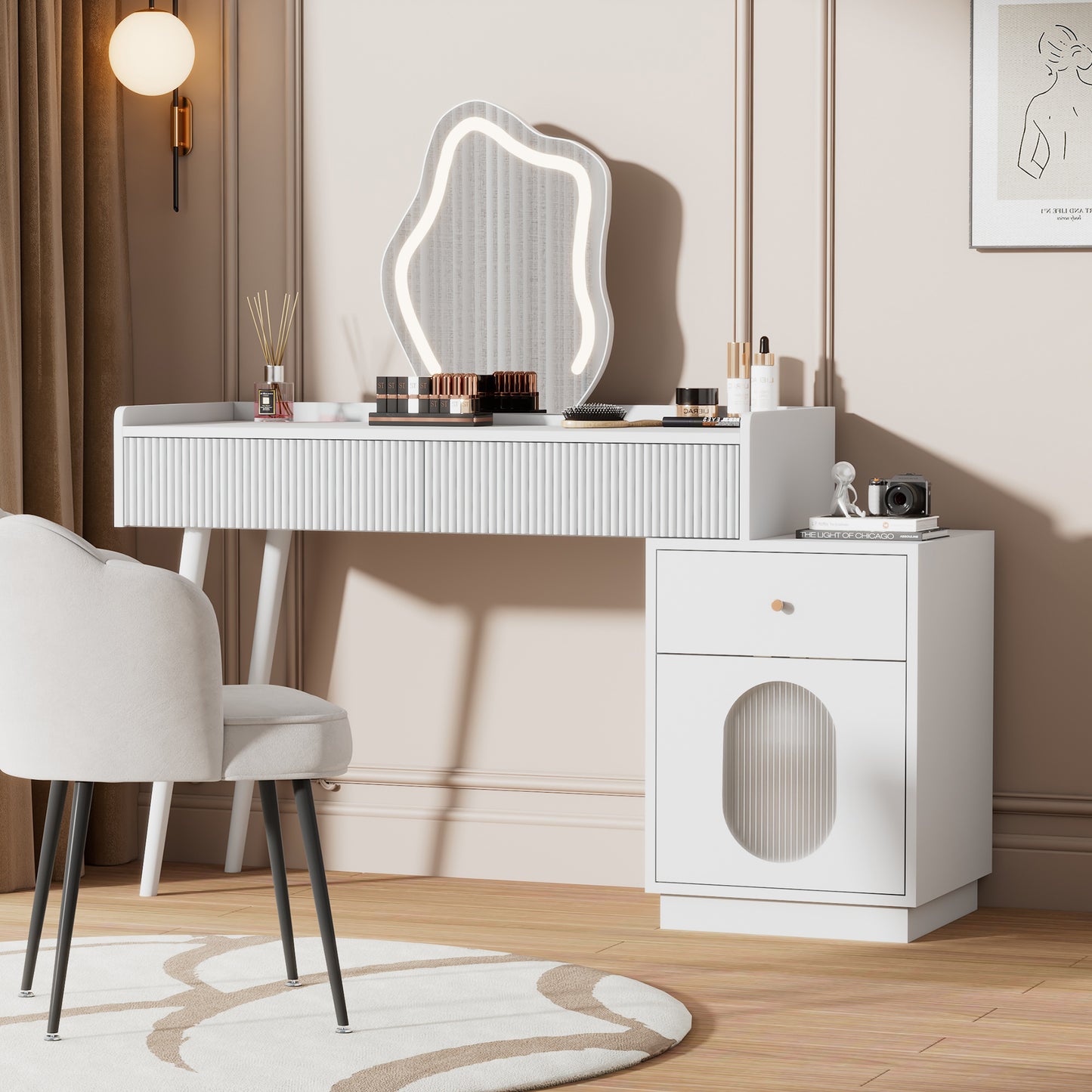 White Bedroom Dressing Table Set with LED Mirror