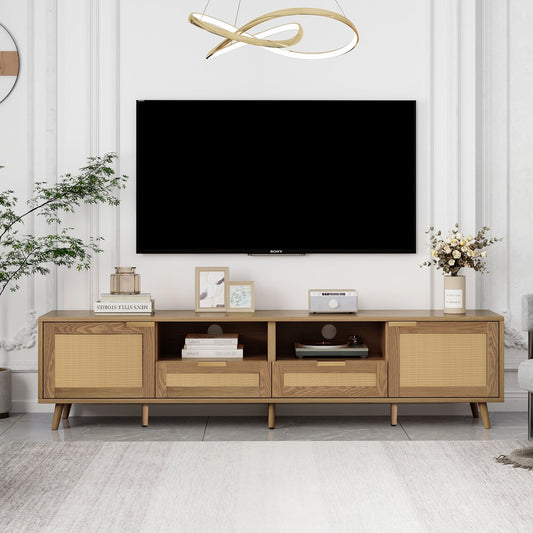 Rattan-Decorated Solid Wood TV Console Table