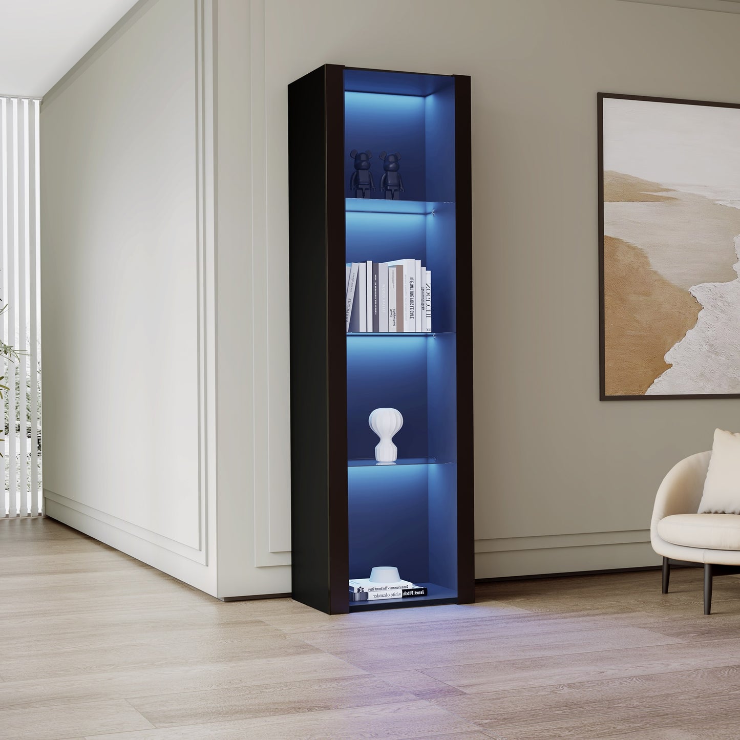 55x38x166cm High-Gloss Display Cabinet with LED Lighting and 3 Glass Shelves