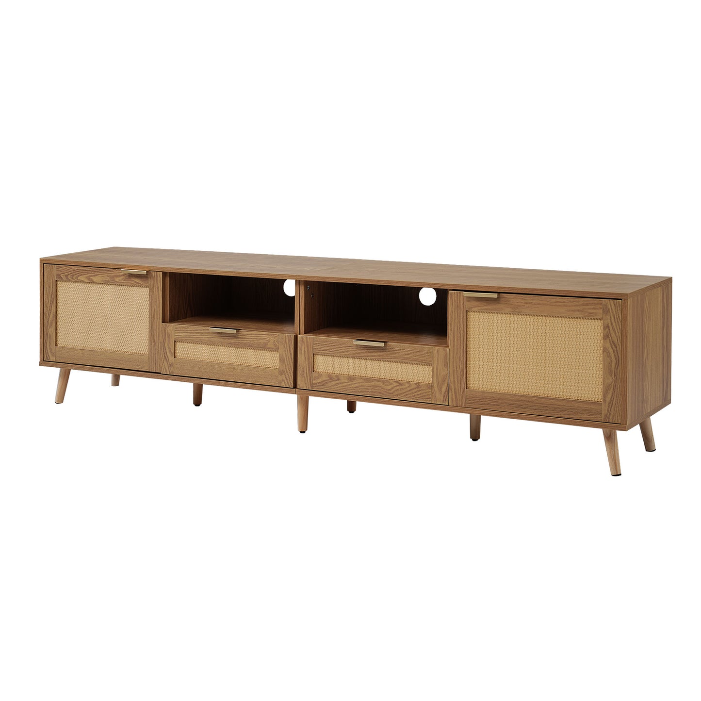 Rattan-Decorated Solid Wood TV Console Table