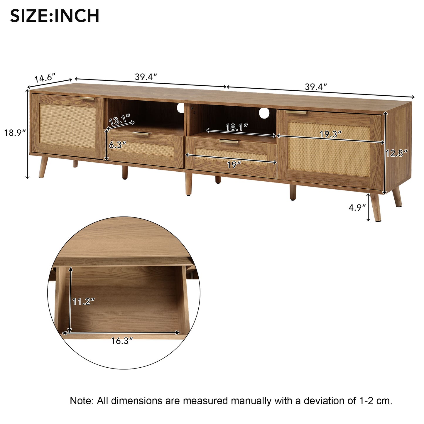 Rattan-Decorated Solid Wood TV Console Table