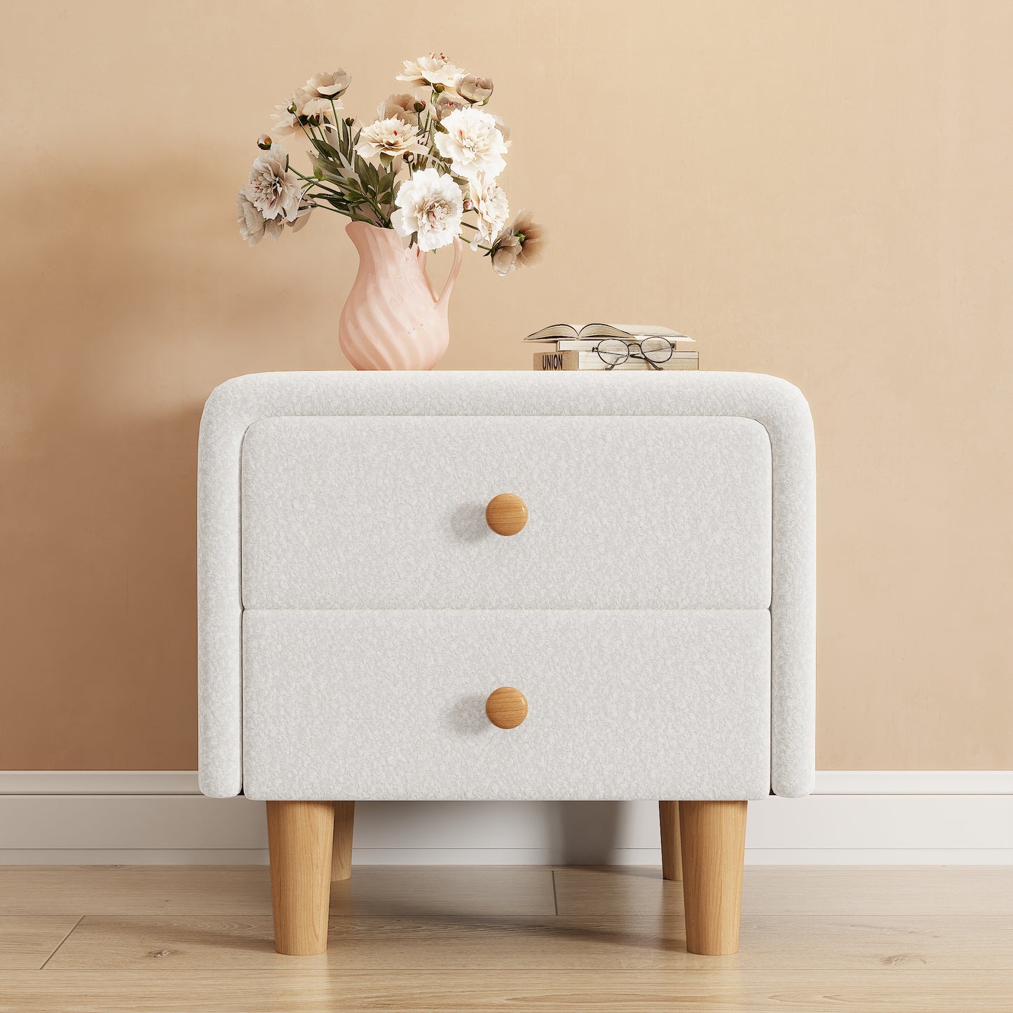 Elegant White Upholstered Bedside Table with Silent Glide Drawers